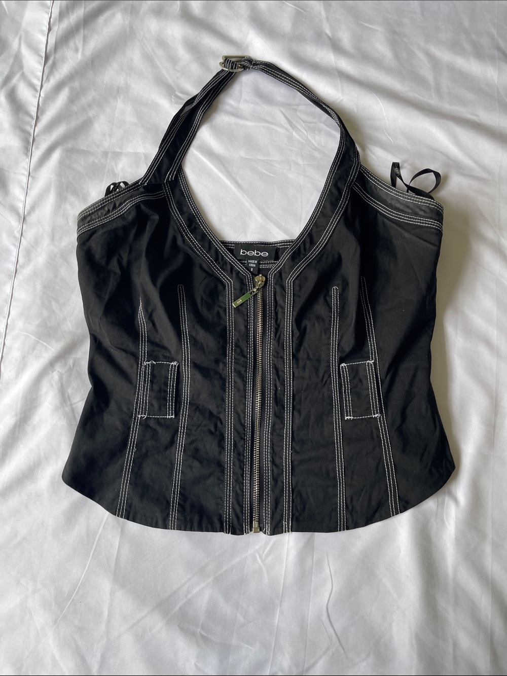 vintage bebe Black Halter Zip Front Top with White Stitching